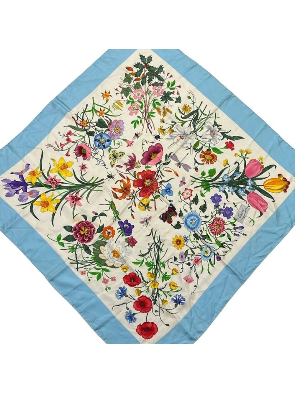 Gucci Scarf Light Blue Green Multi Floral Pattern